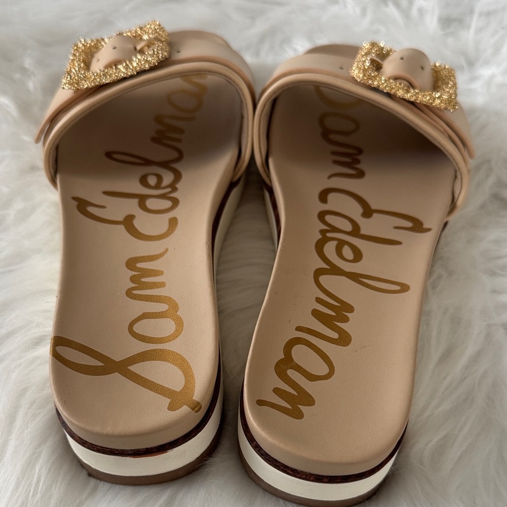 Sam Edelman Ariane Natural Slide Sandals with Glittering Gold Buckles size 7.5 - Picture 7 of 13